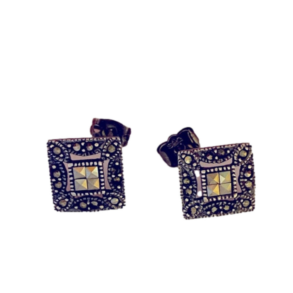 VTG Sterling Silver & Marcasite Square Shaped Stud Earrings